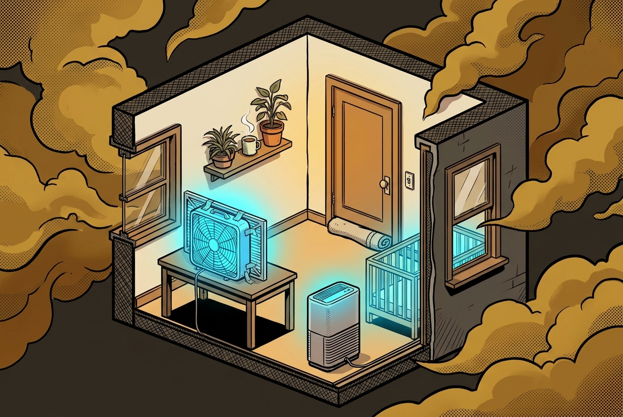 A cel-poster cutaway of a sealed room during a smoke event: closed windows, a rolled damp towel under the door, a box fan taped to a furnace filter, a HEPA purifier glowing clean blue, and a crib bathed in that blue light, with ochre smog swirling outside the walls.