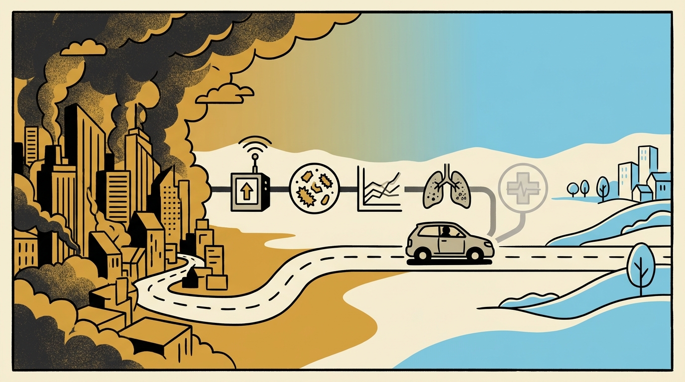 Generated editorial illustration of a road from a smoke-covered city toward clear blue air, with an evidence chain stopping before a medical-outcome symbol.