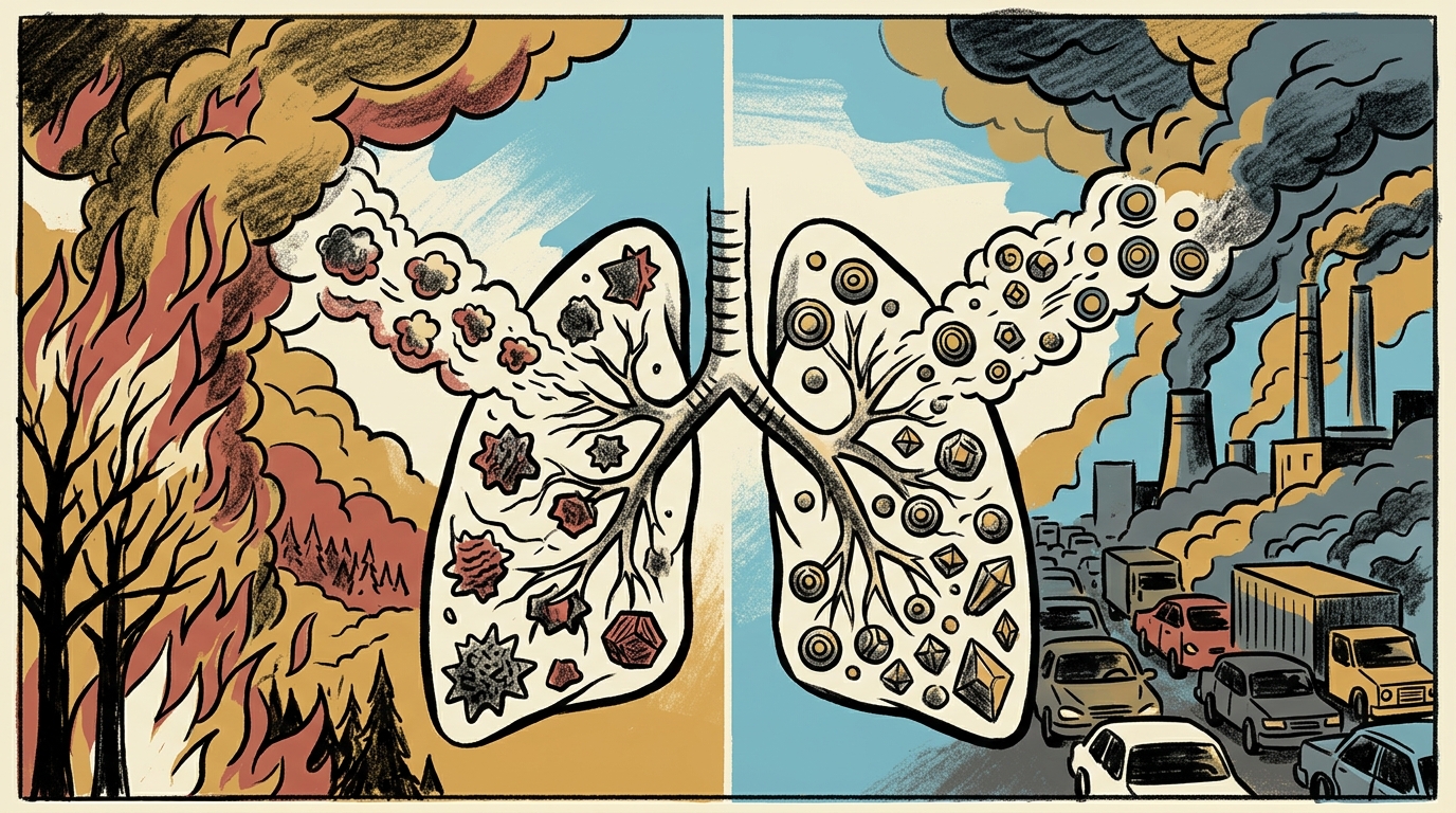 Generated editorial comparison of wildfire particles and traffic pollution moving toward a pair of lungs, with visibly different particle shapes but equal mass.