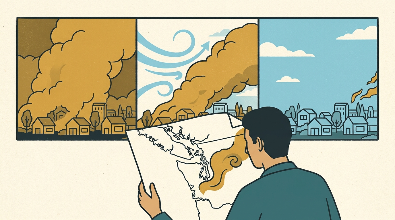 Three pictorial panels showing dense smoke, wind moving a smoke plume, and a clearer blue sky, with a person comparing them against an unlabeled regional smoke map.