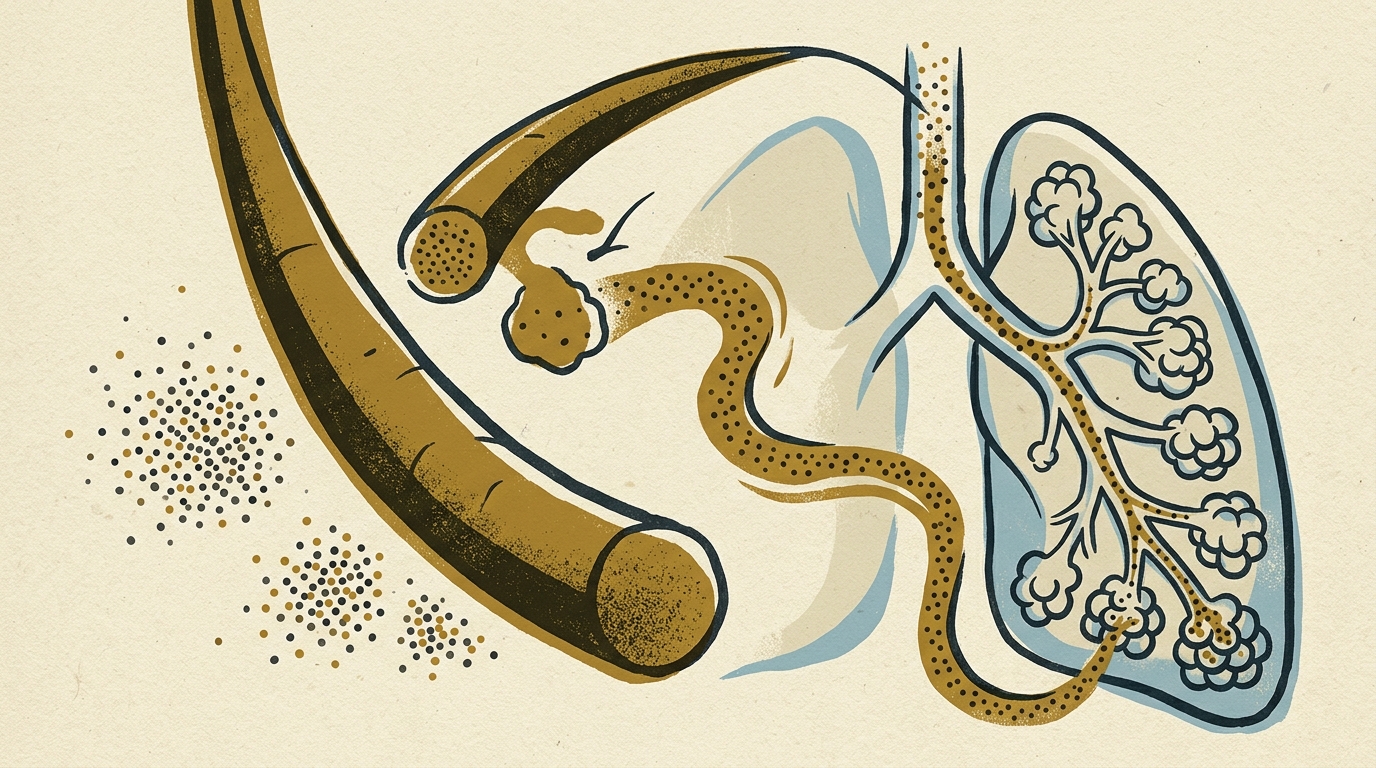 A large curved human hair strand next to clusters of small dots representing airborne particles, alongside a simplified lung with branching airways containing dots.