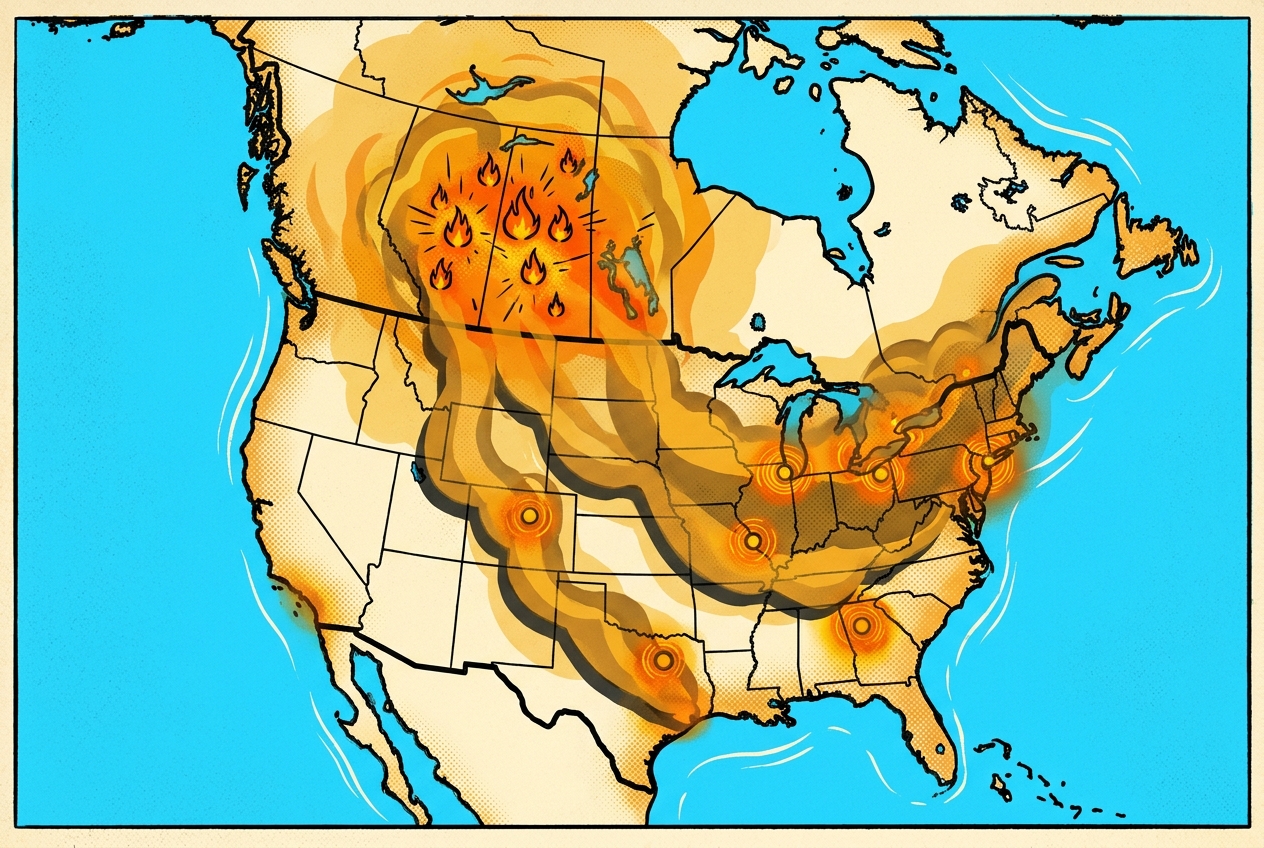 A stylised cel-poster map of North America: clusters of fire in central Canada and huge ochre smoke plumes sweeping south-east across the Great Lakes, the Midwest and the Northeast, with the clean edges of the map fading to blue.