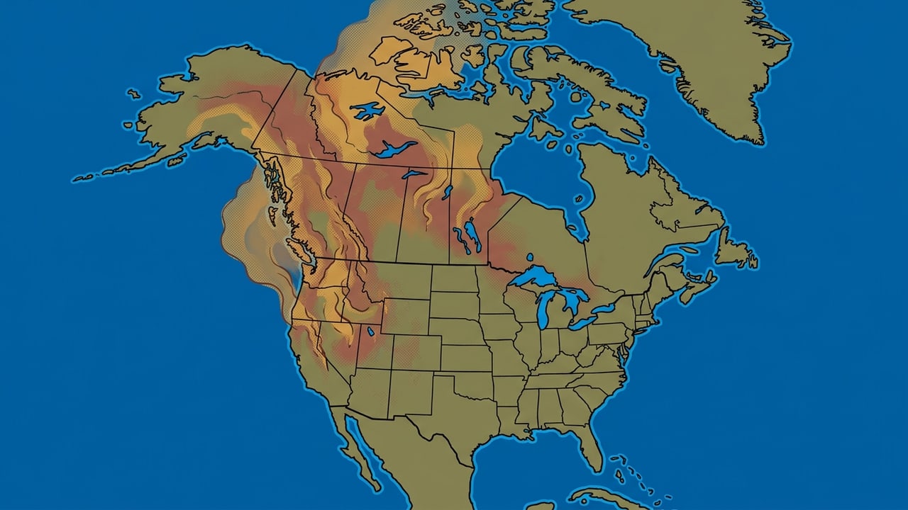 Cel-poster forecast illustration of ochre wildfire smoke plumes poised over North America, with clean blue edges and no labels or text.