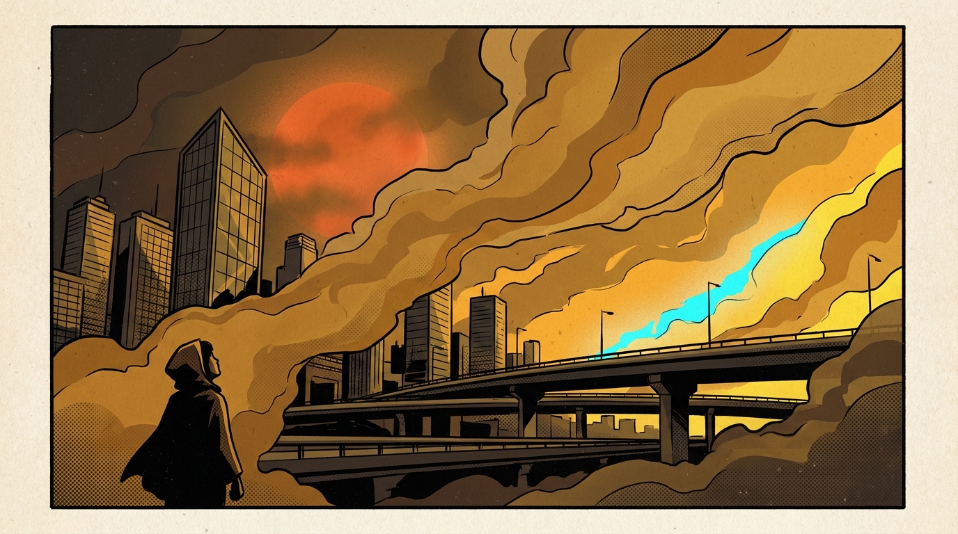 A cel-poster illustration of a city skyline drowning under thick ochre wildfire smoke, a blood-orange sun overhead, and one thin sliver of clean blue sky on the horizon.